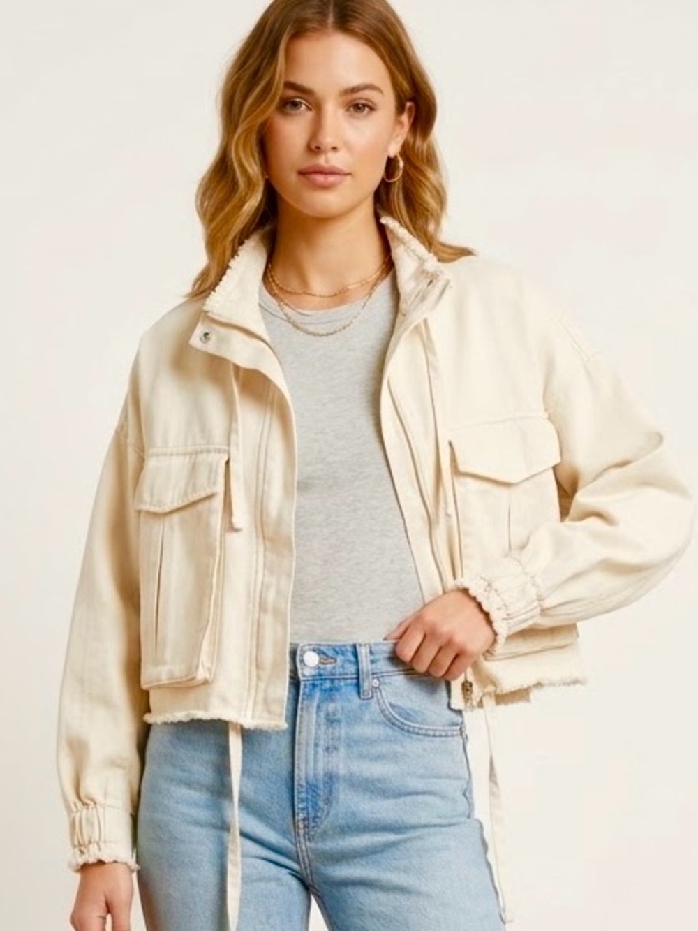 Forever 21 Ecru Cropped Denim Utility Raw Hem Oversized Jacket Gorpcore Cargo-S